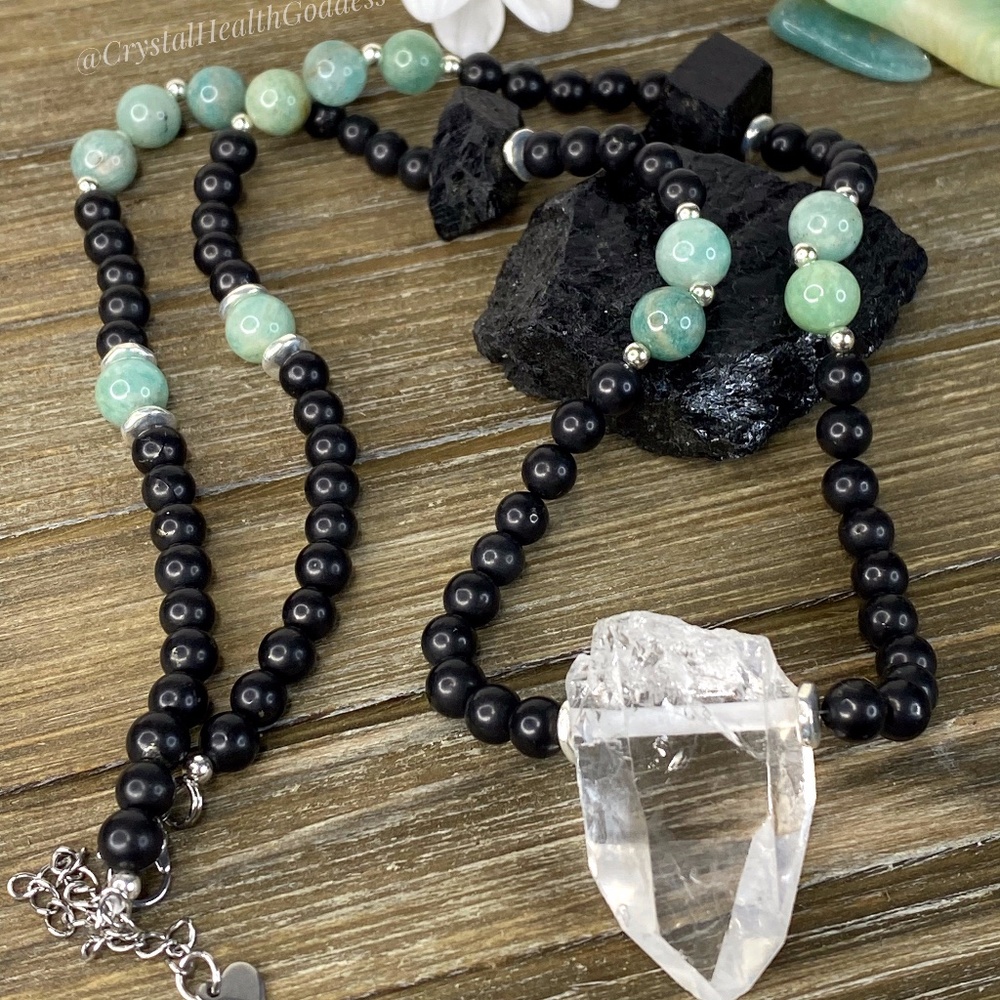 Shungite Amazonite Black Tourmaline Quartz Necklace